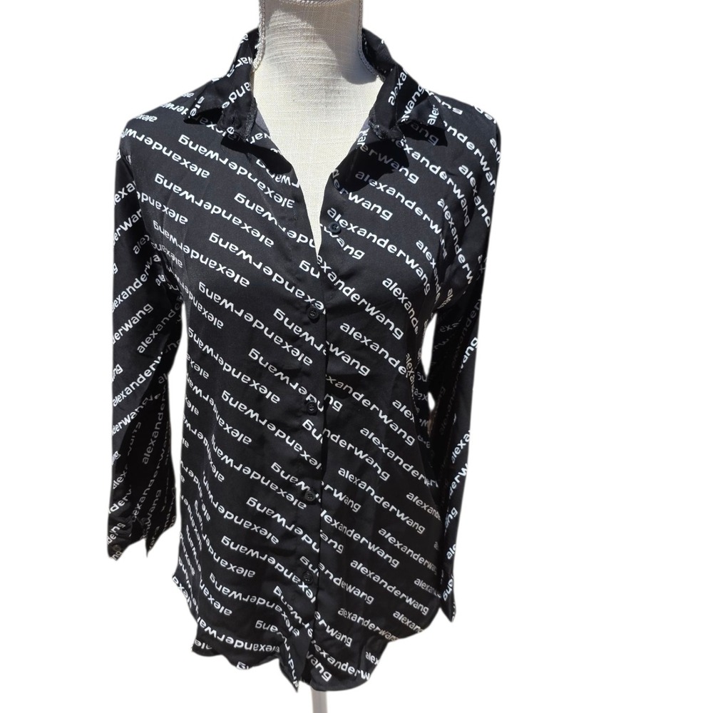Alexander Wang Button-Up Top Long Sleeve Collared Blouse All Over Print